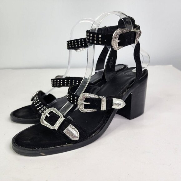 ASOS Western Studded Open Toe Strappy Chunky Heels Womens Size 7 Black Silver - Picture 9 of 14